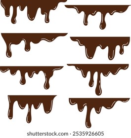 Vector illustration of melted chocolate, decorative shapes liquids. Stain shape collection, splashes drops, cartoon flat spatters.