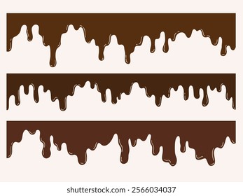 Vector illustration of melted chocolate, decorative shapes liquids. Stain shape collection, splashes drops, cartoon flat spatters. Long melting liquid chocolate graphic