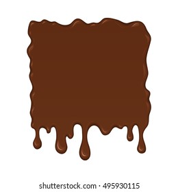 Vector illustration - melted chocolate drips and flowing. Abstract brown splash liquid. Banner in cartoon style. Stain shape isolated on white background