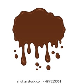 Vector illustration - melted chocolate drips and flowing. Abstract brown splash liquid. Banner in cartoon style. Stain shape isolated on white background