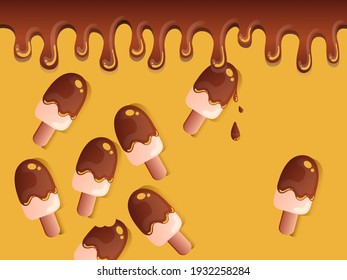 vector illustration with melted dripping chocolate, Ice cream chocolate on a yellow background.