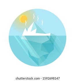 Vector illustration of melting blue iceberg and glacier under sun, problem of global warming, environment protection concept, izolated icon, flat style