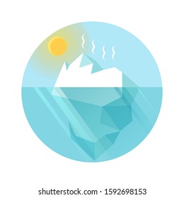 Vector illustration of melting blue iceberg and glacier under sun, problem of global warming, environment protection concept, izolated icon, flat style