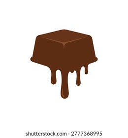 Vector illustration of a melting chocolate cube on white background, dripping chocolate sauce.