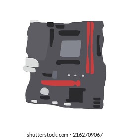 vector illustration, melting desktop computer motherboard, cute cartoon design style.
