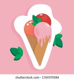 vector illustration melting ice cream balls with mint. delicious sticker for your design.