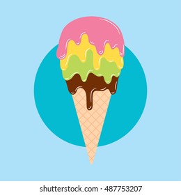 Vector illustration of melting ice cream in waffle cone