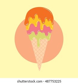 Vector illustration of melting ice cream in waffle cone