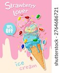Vector illustration of a melting triple scoop ice cream cone with sprinkles and candy toppings