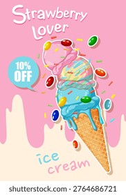 Vector illustration of a melting triple scoop ice cream cone with sprinkles and candy toppings