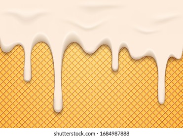 Vector Illustration with Melting White Ice Cream on Waffle. Abstract 3d Food Background.