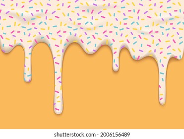 Vector Illustration with Melting White Ice Cream with Sprinkles. Abstract Realistic Food Background.