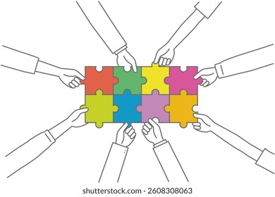 Vector illustration of members working together to put together a jigsaw puzzle