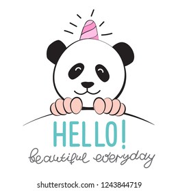 Vector illustration of meme Panda unicorn in comic style. Cool sticker for patch, poster, diary, notebook, smartphone or textile. Original funny drawings for prints