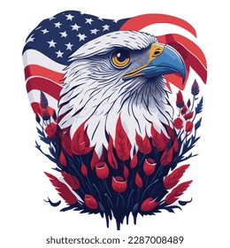 Vector Illustration of Memorial Day with Red Poppies, US Flag, and Eagle