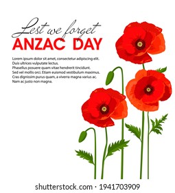 Vector illustration of memorial day symbol - poppy flowers. Anzac day banner design with space for text.