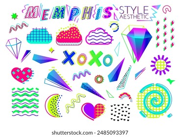 Vector illustration in the Memphis Milano style. geometric shapes in vibrant colors, including squiggles, diamonds, pyramids. for design projects with a retro, 80s, 90s, pop art, Memphis aesthetic