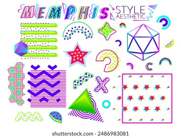 vector illustration in the Memphis Milano style. geometric shapes in vibrant colors, including squiggles, diamonds, pyramids. for design projects with a retro, 80s, 90s, pop art, Memphis aesthetic