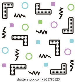 Vector illustration in memphis, retro style. A colorful pattern with simple geometric elements. Use it to create posters, postcards, banners, covers. A flat background for printing.