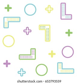 Vector illustration in memphis, retro style. A colorful pattern with simple geometric elements. Use it to create posters, postcards, banners, covers. A flat background for printing.