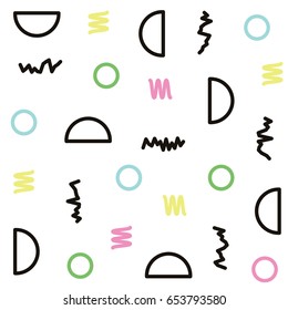 Vector illustration in memphis, retro style. A colorful pattern with simple geometric elements. Use it to create posters, postcards, banners, covers. A flat background for printing.