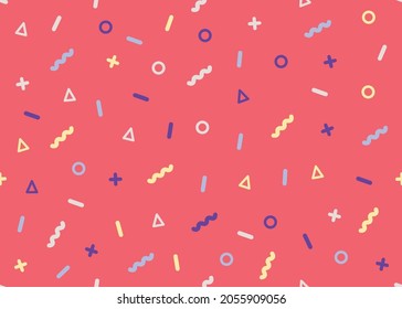 Vector illustration with memphis seamless confetti pattern. Various small geometric shapes on red backdrop. Line style