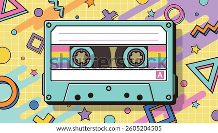 Vector illustration of memphis style background with retro cassette tape
