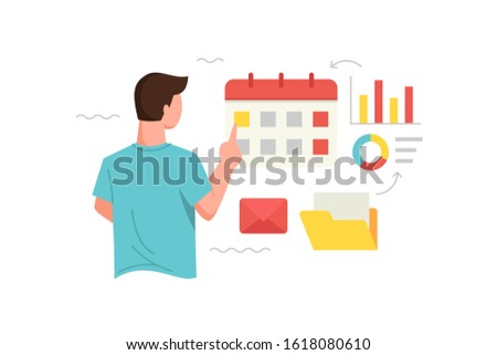 Vector illustration Men analyze data and arrange schedules or dates. Manage time and schedule concept illustration of marketing. Vector flat illustration