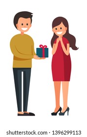 Vector illustration of men in casual clothes with present and girl with long hair in red dress on the white background.Cartoon realistic people illustation. Flat young couple. Front view people. 