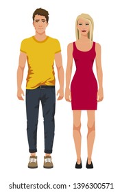 Vector illustration of men in casual clothes and girl with blonde hair in red dress on the white background. Cartoon realistic people illustation. Flat young couple. Front view people. Young family.
