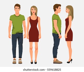 Vector illustration of men in casual clothes and girl with blonde hair in red dress on the white background.Cartoon realistic people illustation. Flat young couple. Front view people, Side view people
