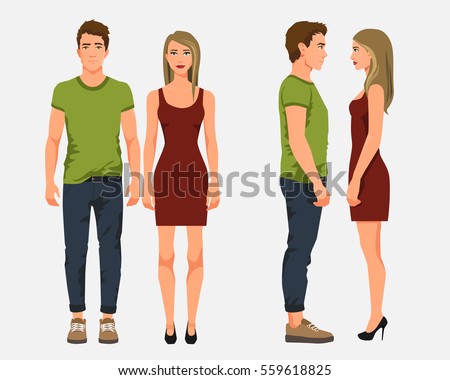 Vector illustration of men in casual clothes and girl with blonde hair in red dress on the white background.Cartoon realistic people illustation. Flat young couple. Front view people, Side view people