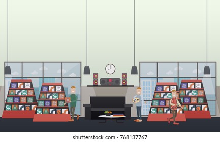 Vector Illustration Of Men Choosing CDs At Music Store And Listening To Music At Home. Discs Shop Concept Design Elements In Flat Style.