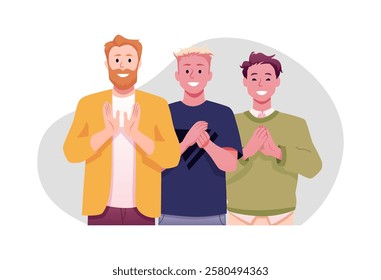 Vector illustration of men, different ages and races clapping their hands. Happy characters close-up applauding. Positive ovation and success. Flat style.