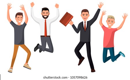 Vector illustration of men in different poses. Cartoon realistic people. Flat young man. Front view. Happy group of people jumping on a white background. Guy in casual and official clothes.