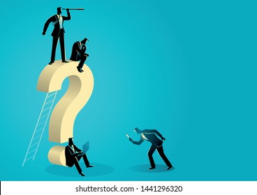 Vector illustration men doing activity around a big question mark.