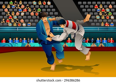A vector illustration of men doing judo in the competition