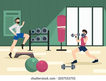 Vector illustration, men excercise with dumbbells in gym background.