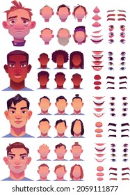 vector illustration of men face parts, character head, eyes, mouth, lips, hair and eyebrow icon set