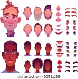 vector illustration of men face parts, character head, eyes, mouth, lips, hair and eyebrow icon set