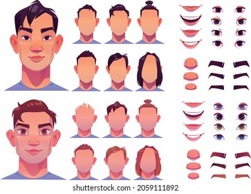 vector illustration of men face parts, character head, eyes, mouth, lips, hair and eyebrow icon set