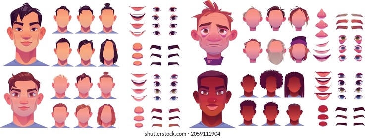 vector illustration of men face parts, character head, eyes, mouth, lips, hair and eyebrow icon set