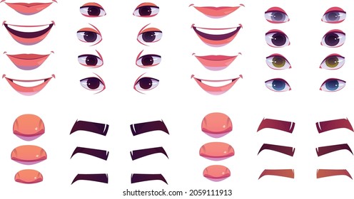 vector illustration of men face parts, character head, eyes, mouth, lips, hair and eyebrow icon set