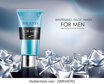 vector illustration men face wash cosmetic tube and ice cubes design template on the dark glittering background.use for cosmetic advertising template.