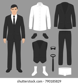  
vector illustration of a men fashion, suit uniform, jacket, pants, shirt and shoes isolated