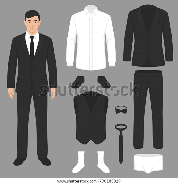  \
vector illustration of\
a men fashion, suit uniform, jacket, pants, shirt and shoes\
isolated