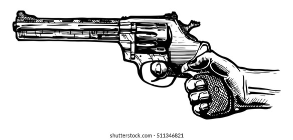 vector illustration of men hand with revolver pistol in ink hand drawn style.