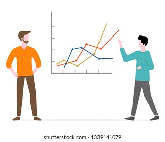 Vector illustration with men having business meeting. People discuss and make decisions background. Presentation, partnership. Brainstorming concept. Design for banner, poster or print.