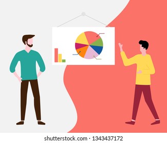 Vector illustration with men having business meeting. People discuss and make decisions background. Presentation, partnership. Brainstorming concept. Design for banner, poster or print.