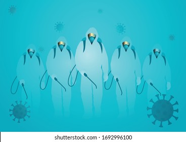 Vector illustration of men in hazmat suit ready to spraying disinfectant to cleaning and disinfect virus, Covid-19, Coronavirus, preventive measure